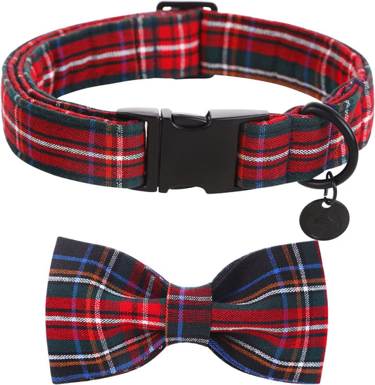 Dog Collar with Bowtie for Small Medium Large Dogs Plaid Pet Collar Comfortable Dog Collar, Checkered Bowtie Dog Collar Adjustable XS-XL